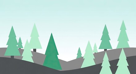 Fototapeta premium Minimalist Green Pine Trees on Textured Hillside Landscape Illustration