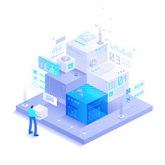 Fototapeta premium Modular technology platform with stacked data blocks and a standing user in isometric view, showing cloud infrastructure, digital workflows, analytics and scalable system design.