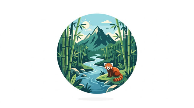 Red Panda Sitting by a Stream in a Bamboo Forest with Mountains.