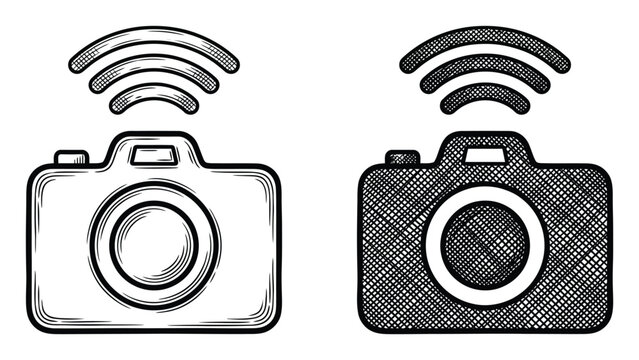 Hand-drawn style of digital cameras with wireless connectivity signals isolated on a white background
