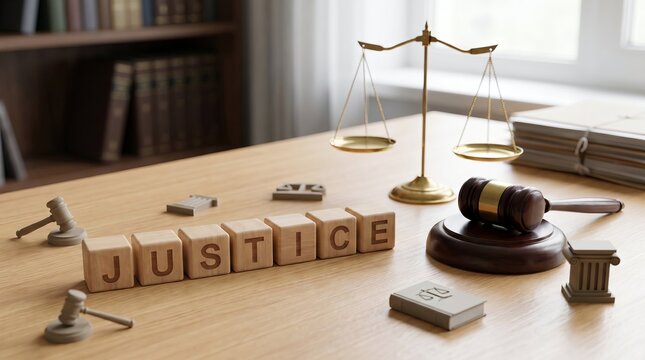 Wooden cubes spelling &ldquo;JUSTICE&rdquo; beside a gavel and scales of justice on wooden desk, fairness and judicial system concept
