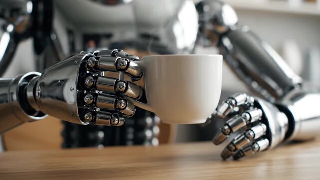 Futuristic Humanoid Robot with Chrome Finish Enjoying a Steaming Cup of Coffee at a Wooden Table in a Modern Domestic Setting