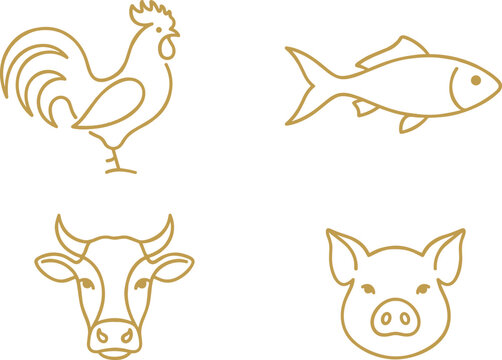 Farm animal vector illustration featuring rooster, fish, cow, and pig icons in minimal golden‑brown line art style for food design