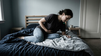 Fototapeta premium Woman Suffering From Abdominal Pain on Bed Illustrates Medical Issues and Discomfort Symptoms