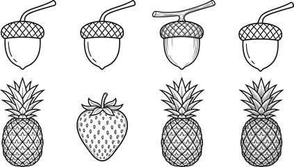    Fruit and nut vector illustration featuring acorns, pineapples, and strawberry in detailed black‑and‑white line art botanical style © Creative Stoker