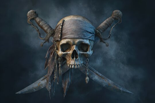 Weathered skull with twin blades behind&acirc;&euro;&rdquo;dramatic maritime crest with gritty texture