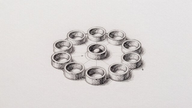 Black-and-white drawing plain light-colored paper symmetrical arrangement twelve small cylindrical objects arr