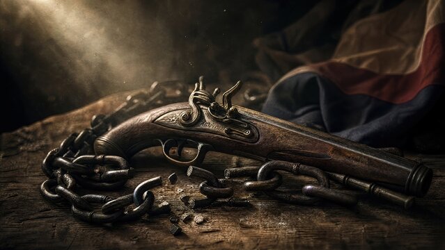 Broken chains beside an old musket, symbolic composition representing freedom.