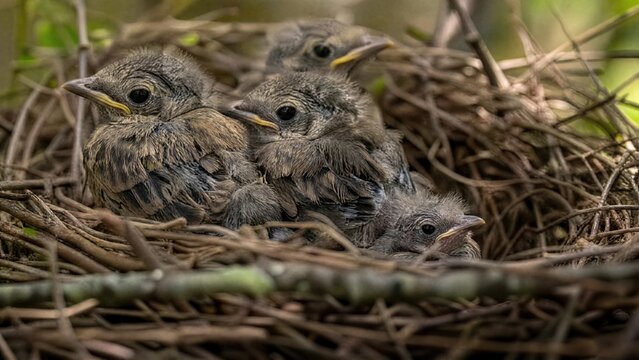 A fluffy fledgling bird in a nest, smaller than its siblings, with a soft-focus background. 