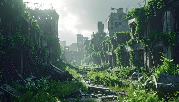 Abandoned cityscape with overgrown buildings.