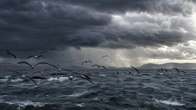  A flock of seabirds flying low over a dark, choppy ocean under a heavy, stormy sky. 