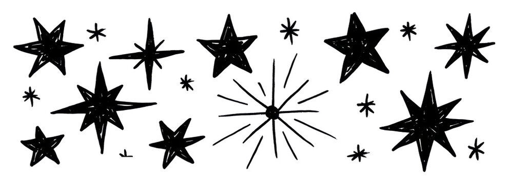 Hand-drawn black stars and sparkles on a white background