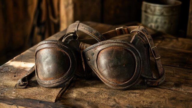  Aged leather horse blinkers resting on a rough wooden table in warm light. 