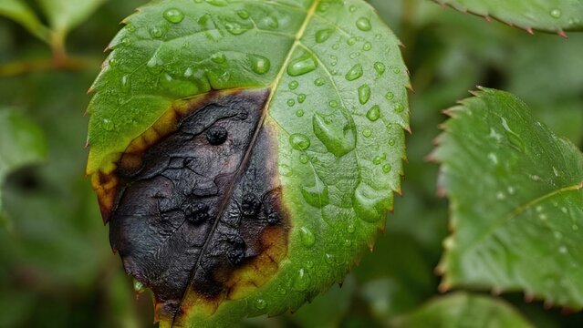 Close-up of a rose leaf with a dark canker spot and dewdrops. 