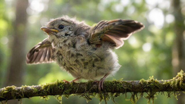 A young bird fluttering its wings on a mossy branch in soft light. 