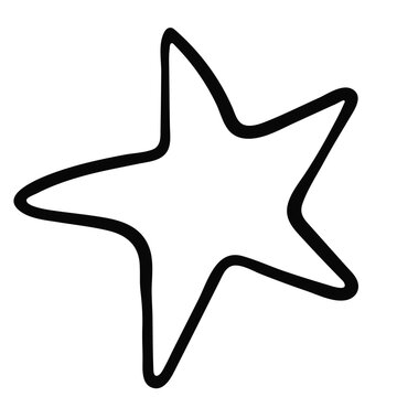Black and white vector outline drawing of a simple hand-drawn star with a thick stroke line. Isolated graphic element in Scandinavian doodle style, perfectly suited for festive decor, nursery design, 