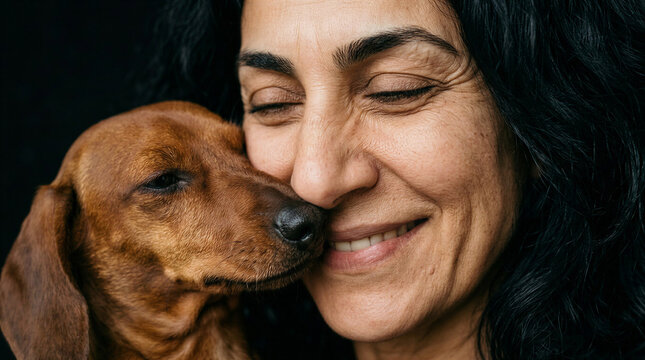 Close-up of a 53-year-old Middle Eastern woman with angular features, olive-gold skin, and dark wavy hair, as a small red-brown Dachshund rubs its long nose against her jawline and grumbles softly wi 