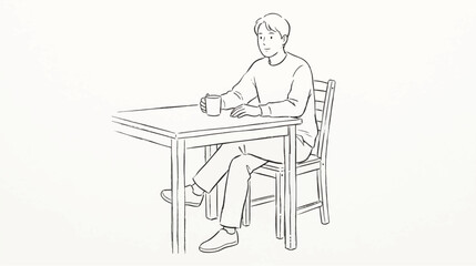 Fototapeta premium Man sitting alone at a small table while holding a cup suggests a quiet moment of relaxation or contemplation in a simple, clean environment designed for individual rest and peaceful solitude.