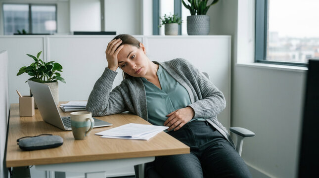 Woman Suffering From Headache And Stress In Office During Working Hours Problems