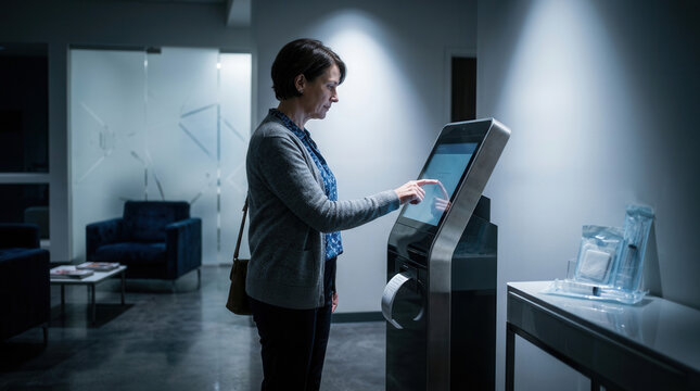 Woman Interacting With Touchscreen Kiosk in Contemporary Waiting Area Setting