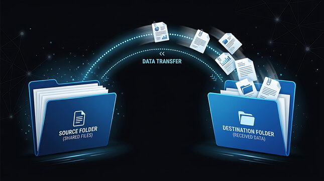 Data transfer concept secure file sharing between folders with digital connection and network illustration