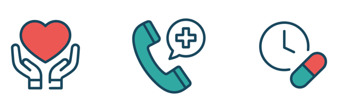 Flat medical icons showcasing patient care, emergency assistance, heart health, and dosage reminder symbols for healthcare services and wellness applications.