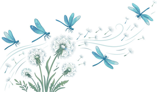 Artistic Blue Dragonfly and Blowing Dandelion Seeds Vector Illustration with Decorative Wind Lines for Elegant Wall Art and Greeting Card Backgrounds