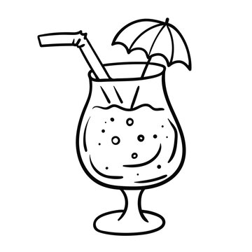 Black and white vector outline drawing of a refreshing summer cocktail in a glass with a straw and a decorative small umbrella. Simple isolated graphic element in doodle style, perfectly suited for su