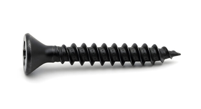 A single black metal drywall screw with a sharp pointed tip and a flat head featuring a cross drive slot on a plain white studio background surface