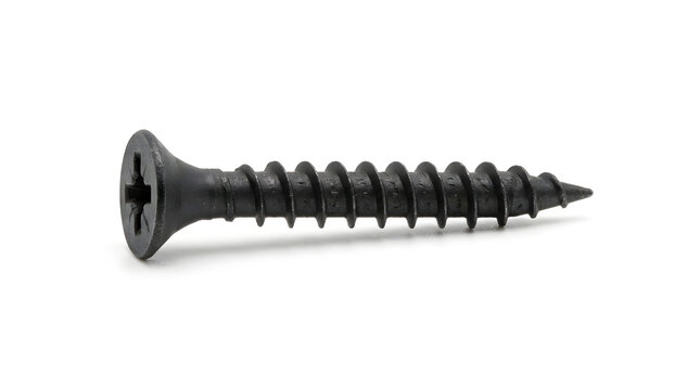 Single black metal drywall screw with sharp thread and countersunk head isolated on white background, for construction and, renovation projects