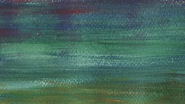 Abstract close-up macro texture of acrylic painting canvas surface with horizontal teal green blue red pink and yellow multicolor brushstroke pattern