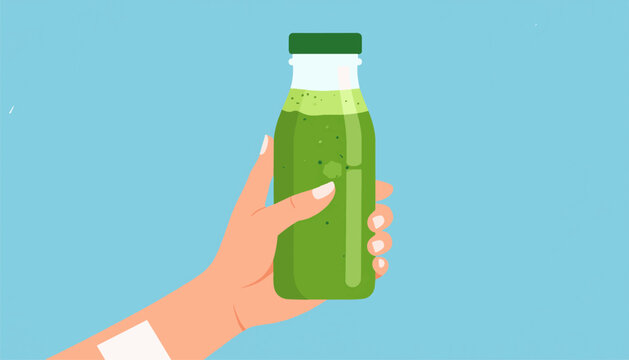 Hand holding a bottle of green smoothie against a blue background