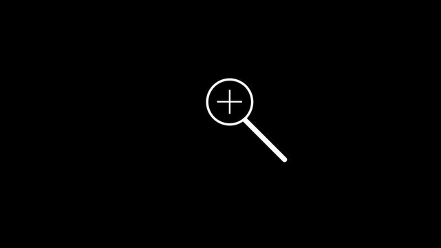 A high-contrast white "Zoom In" magnifying glass icon isolated on a pitch-black background. The icon features a sleek magnifying lens with a prominent plus (+) sign .
