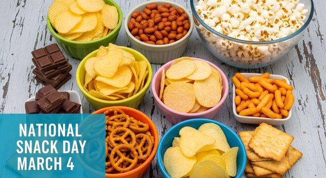 Various snacks in colorful bowls on a rustic wooden table