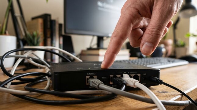 Close-Up of Finger Pressing Reset Button on Wi-Fi Router to Troubleshoot Internet Connection