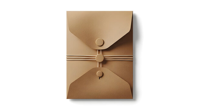 Brown leather document envelope with string tie closure, stationery folder, minimalist office accessory, view on white surface