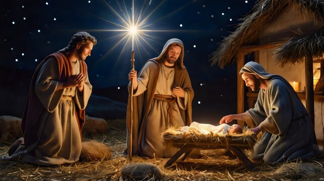 Star of Bethlehem Shining Over Manger in Holy Nativity Scene Symbolizing Christmas Faith Hope and Peace