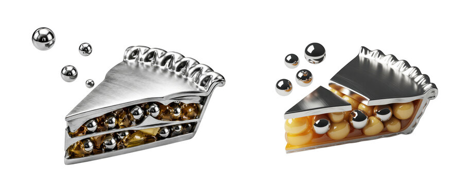Conceptual metal pie slices with metallic and amber spheres isolated on transparent background