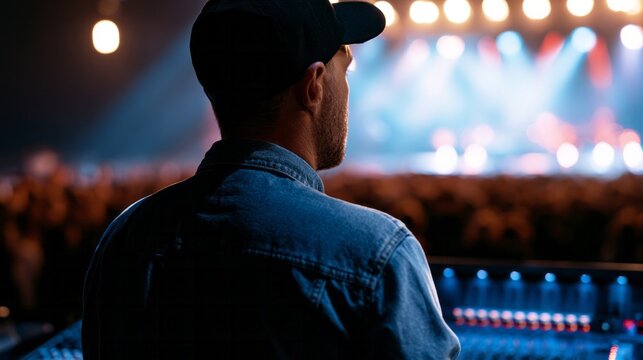 Sound engineer in cap and denim shirt operating a mixing console, monitoring live concert audio from backstage as stage lights glow and the crowd blurs in the background