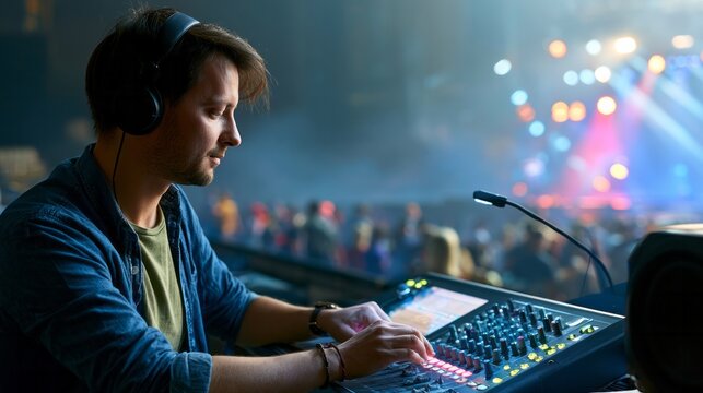 Young male sound engineer wearing headphones, intently adjusting mixing console faders and knobs to perfect live concert audio with blurred stage and audience behind him
