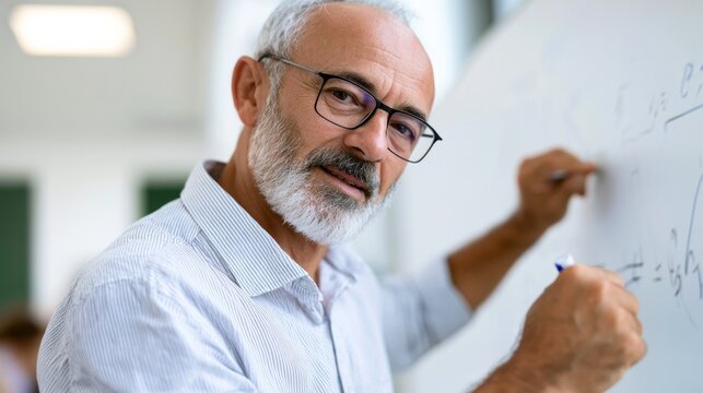 Experienced mature professor in glasses writing scientific formulas on a whiteboard, conveying expertise and deep knowledge in an educational setting or university lecture