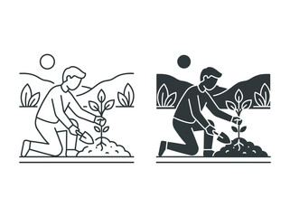 Fototapeta premium Gardener planting a small green tree seedling in the soil using a shovel outdoor illustration