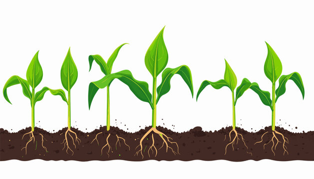 Illustration of young corn plants with visible root systems in soil