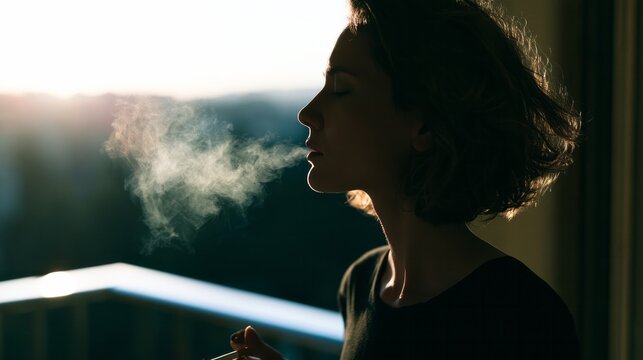 Woman in silhouette profile exhaling a cloud of smoke from her mouth, illuminated by warm backlighting from a setting sun, symbolizing addiction, freedom, or relaxation