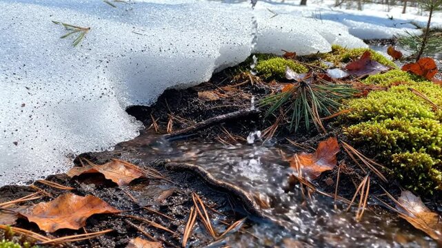 Melting snow trickles into a small stream with moss, pine needles, and autumn leaves, reflecting the sunlight in the forest