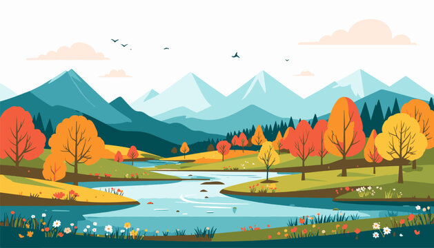 Autumnal landscape with colorful trees, flowing river, mountains, and clouds