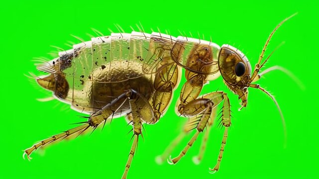 Closeup of a flea insect on green background.