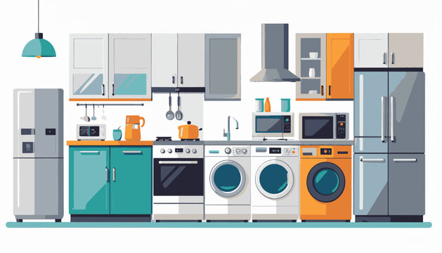 A bright, stylized kitchen scene with various appliances and cabinets