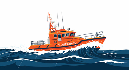Fototapeta premium Illustration of an orange Coast Guard boat navigating through dark blue waves on a white background with a graphic design style.