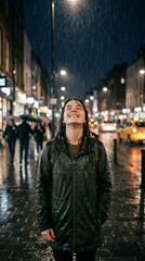 Obraz premium Woman Enjoying Rain on City Street at Night Smiling Upward